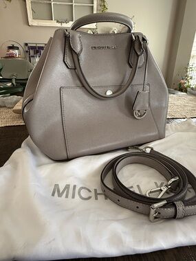 Michael Kors Gray Saffiano Leather Satchel w/Detachable Strap and Purple Interio